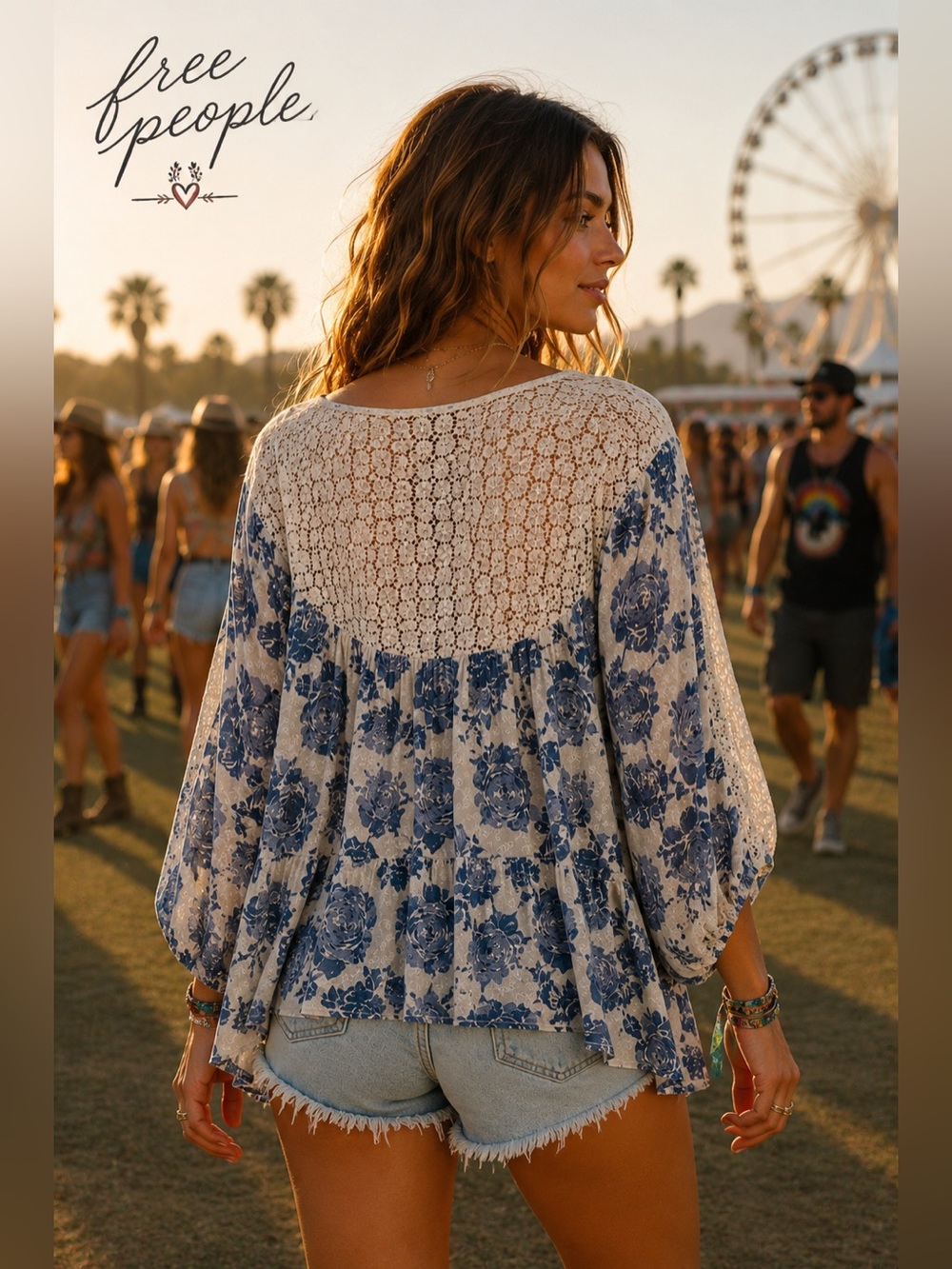 Free People Moon River Peasant Blouse Medium Blue Floral Lace Boho Tunic Top A2 - Picture 4 of 14